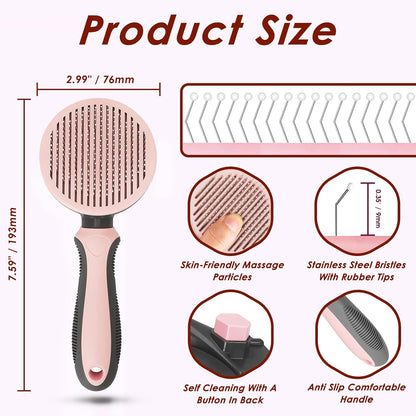 Pet Hair Brush, Cat Brush Self Cleaning Slicker Brush, Dog Brush for Shedding and Grooming, Pet Brush for Short and Long Haired Dogs Cats Rabbits, Removes Loose Undercoat & Tangled Hair (Pink)