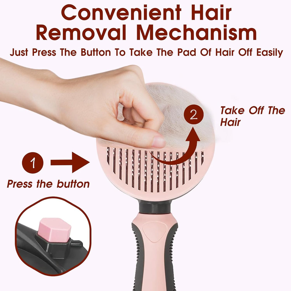 Pet Hair Brush, Cat Brush Self Cleaning Slicker Brush, Dog Brush for Shedding and Grooming, Pet Brush for Short and Long Haired Dogs Cats Rabbits, Removes Loose Undercoat & Tangled Hair (Pink)