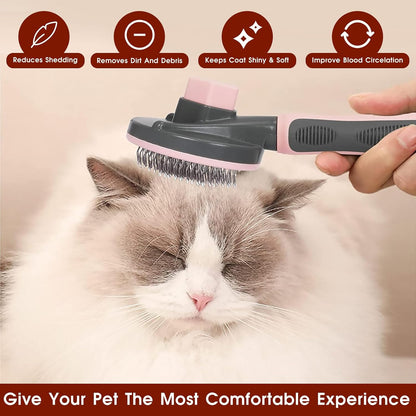 Pet Hair Brush, Cat Brush Self Cleaning Slicker Brush, Dog Brush for Shedding and Grooming, Pet Brush for Short and Long Haired Dogs Cats Rabbits, Removes Loose Undercoat & Tangled Hair (Pink)