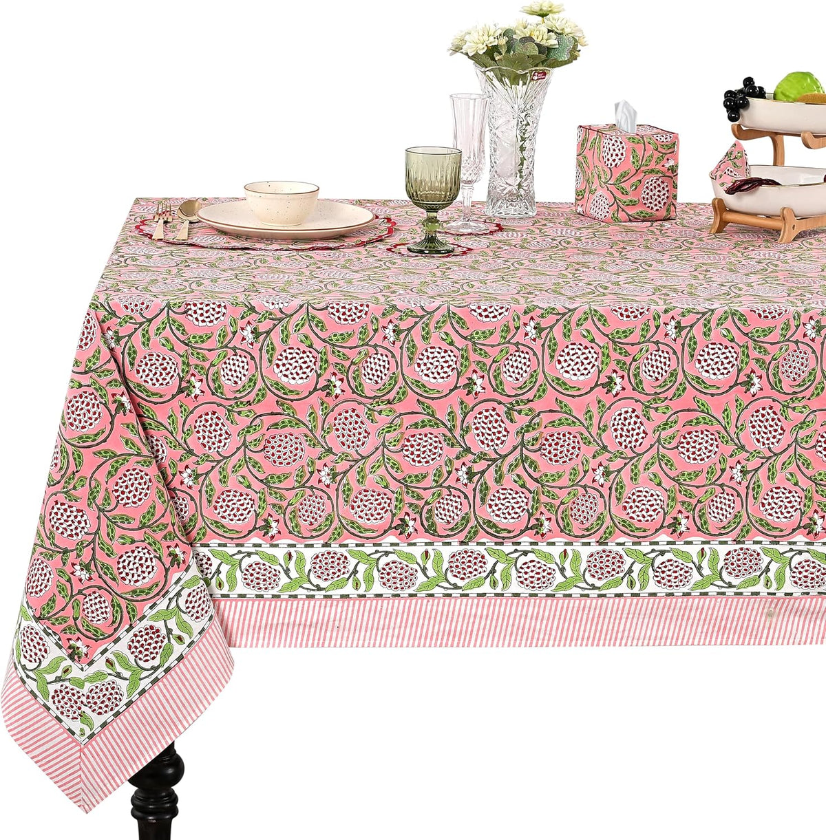 Strawberry Pink Hand Block Print Cotton Tablecloth 90 x 60 Inch
