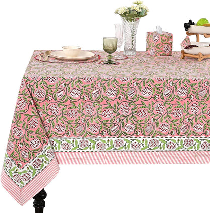 Strawberry Pink Hand Block Print Cotton Tablecloth 90 x 60 Inch