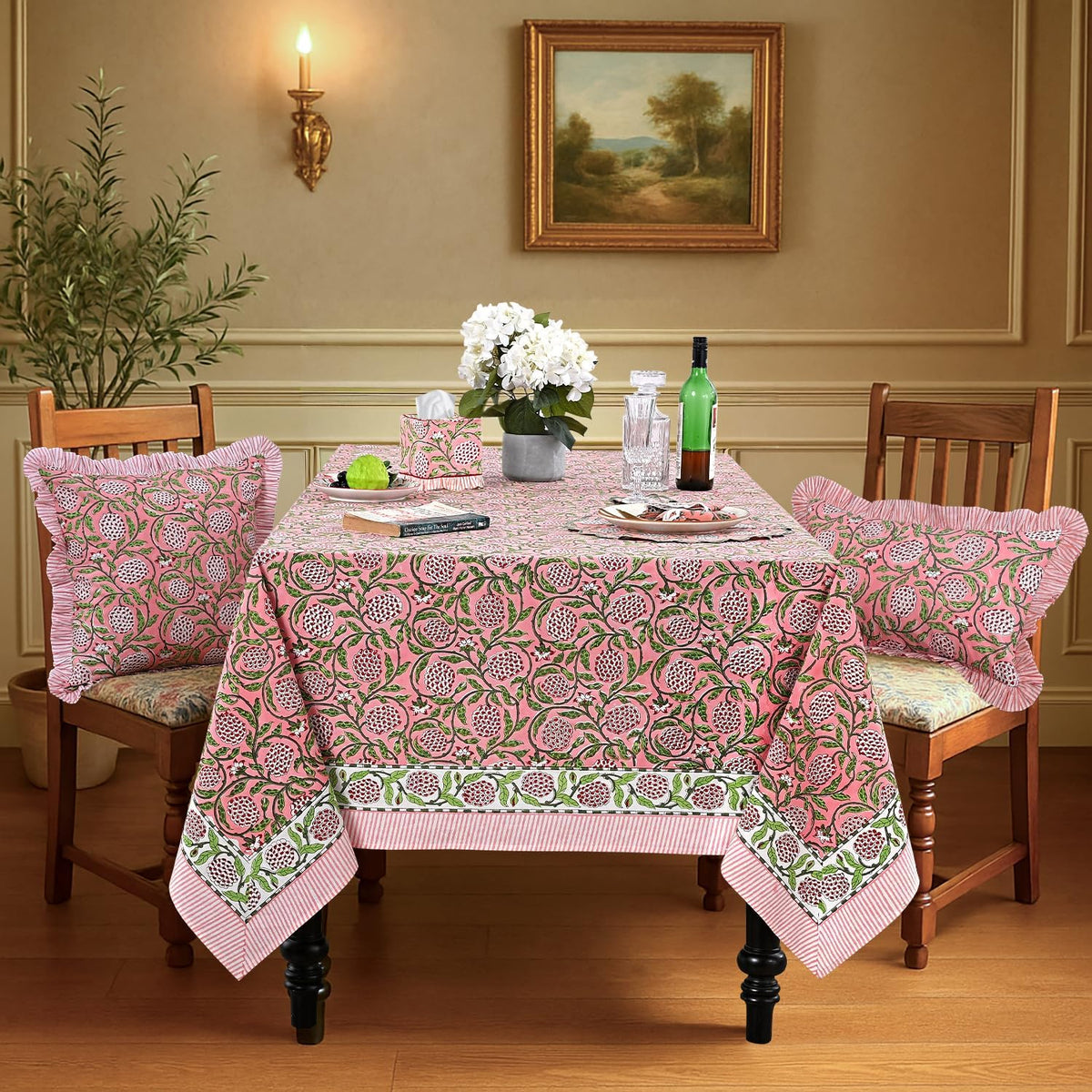 Strawberry Pink Hand Block Print Cotton Tablecloth 90 x 60 Inch