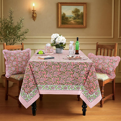 Strawberry Pink Hand Block Print Cotton Tablecloth 90 x 60 Inch