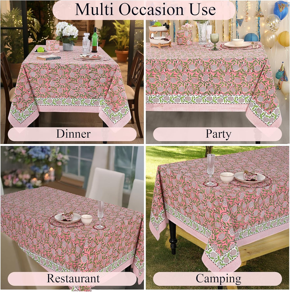 Strawberry Pink Hand Block Print Cotton Tablecloth 90 x 60 Inch