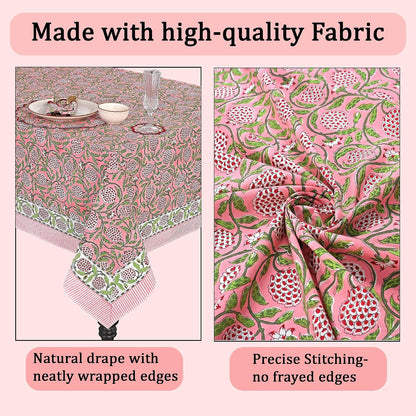 Strawberry Pink Hand Block Print Cotton Tablecloth 90 x 60 Inch
