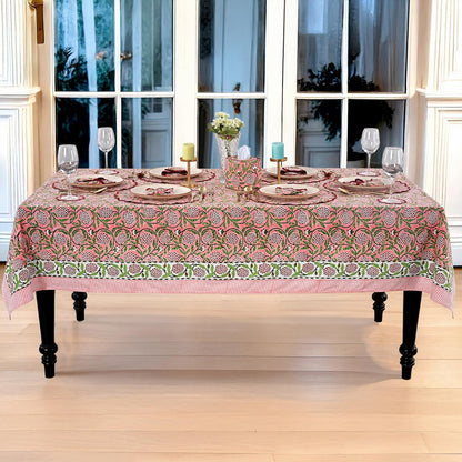 Strawberry Pink Hand Block Print Cotton Tablecloth 90 x 60 Inch