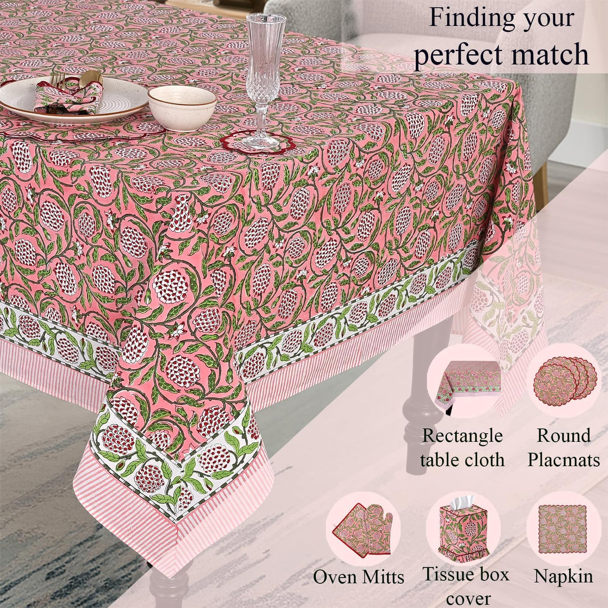 Strawberry Pink Hand Block Print Cotton Tablecloth 90 x 60 Inch