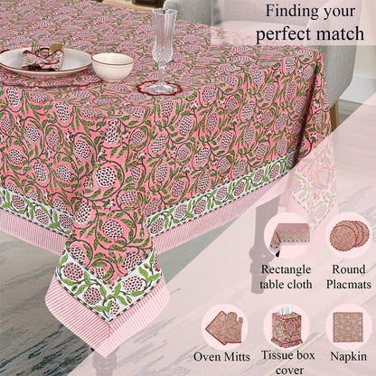 Strawberry Pink Hand Block Print Cotton Tablecloth 90 x 60 Inch