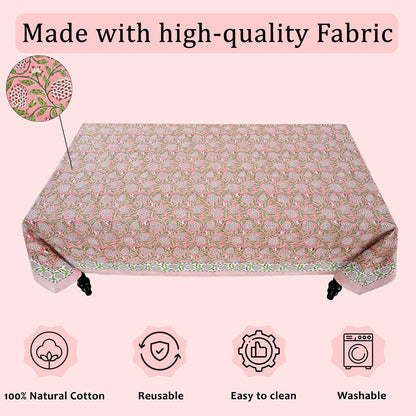 Strawberry Pink Hand Block Print Cotton Tablecloth 90 x 60 Inch