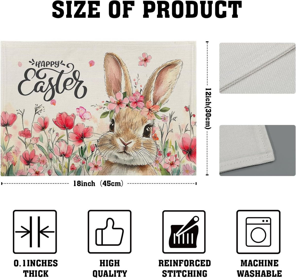 Happy Easter Placemats Set of 4, 12x18 Inch Spring Pink Flowers Bunny Place Mat Heat Resistant Washable Durable Rectangle Dining Table Mats Farmhouse Kitchen Holiday Party Decor