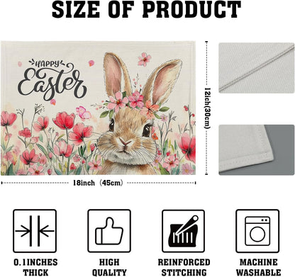 Happy Easter Placemats Set of 4, 12x18 Inch Spring Pink Flowers Bunny Place Mat Heat Resistant Washable Durable Rectangle Dining Table Mats Farmhouse Kitchen Holiday Party Decor