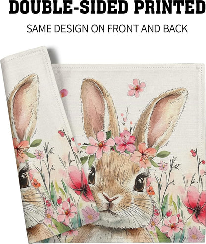 Happy Easter Placemats Set of 4, 12x18 Inch Spring Pink Flowers Bunny Place Mat Heat Resistant Washable Durable Rectangle Dining Table Mats Farmhouse Kitchen Holiday Party Decor