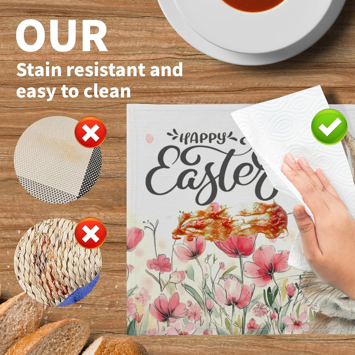 Happy Easter Placemats Set of 4, 12x18 Inch Spring Pink Flowers Bunny Place Mat Heat Resistant Washable Durable Rectangle Dining Table Mats Farmhouse Kitchen Holiday Party Decor