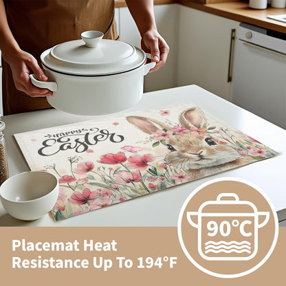 Happy Easter Placemats Set of 4, 12x18 Inch Spring Pink Flowers Bunny Place Mat Heat Resistant Washable Durable Rectangle Dining Table Mats Farmhouse Kitchen Holiday Party Decor