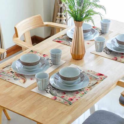 Happy Easter Placemats Set of 4, 12x18 Inch Spring Pink Flowers Bunny Place Mat Heat Resistant Washable Durable Rectangle Dining Table Mats Farmhouse Kitchen Holiday Party Decor