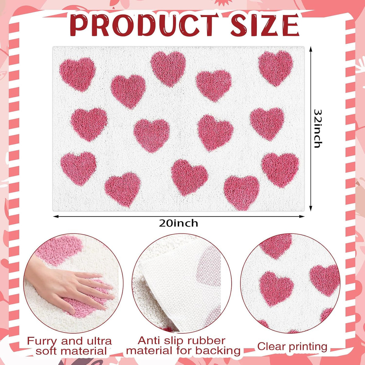 Heart Bath Mat 20 x 32 Inch Non Slip Absorbent, Pink