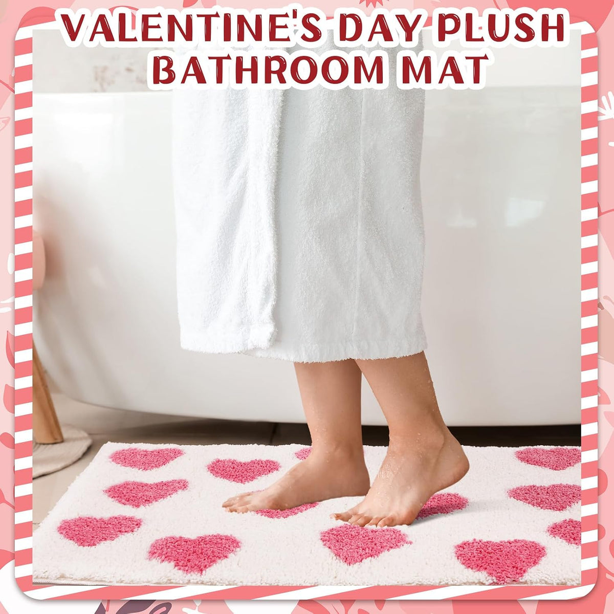 Heart Bath Mat 20 x 32 Inch Non Slip Absorbent, Pink