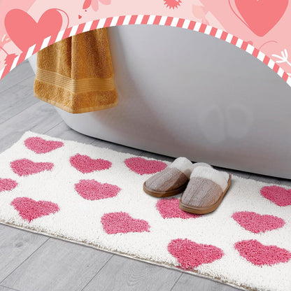 Heart Bath Mat 20 x 32 Inch Non Slip Absorbent, Pink