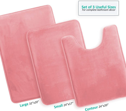 3 Piece Bathroom Rugs Bath Mat Set, Velvet Memory Foam Bath Mats for Bathroom - Non-Slip, PVC Backing Bath Rugs, Washable - Dries Quickly, Pink