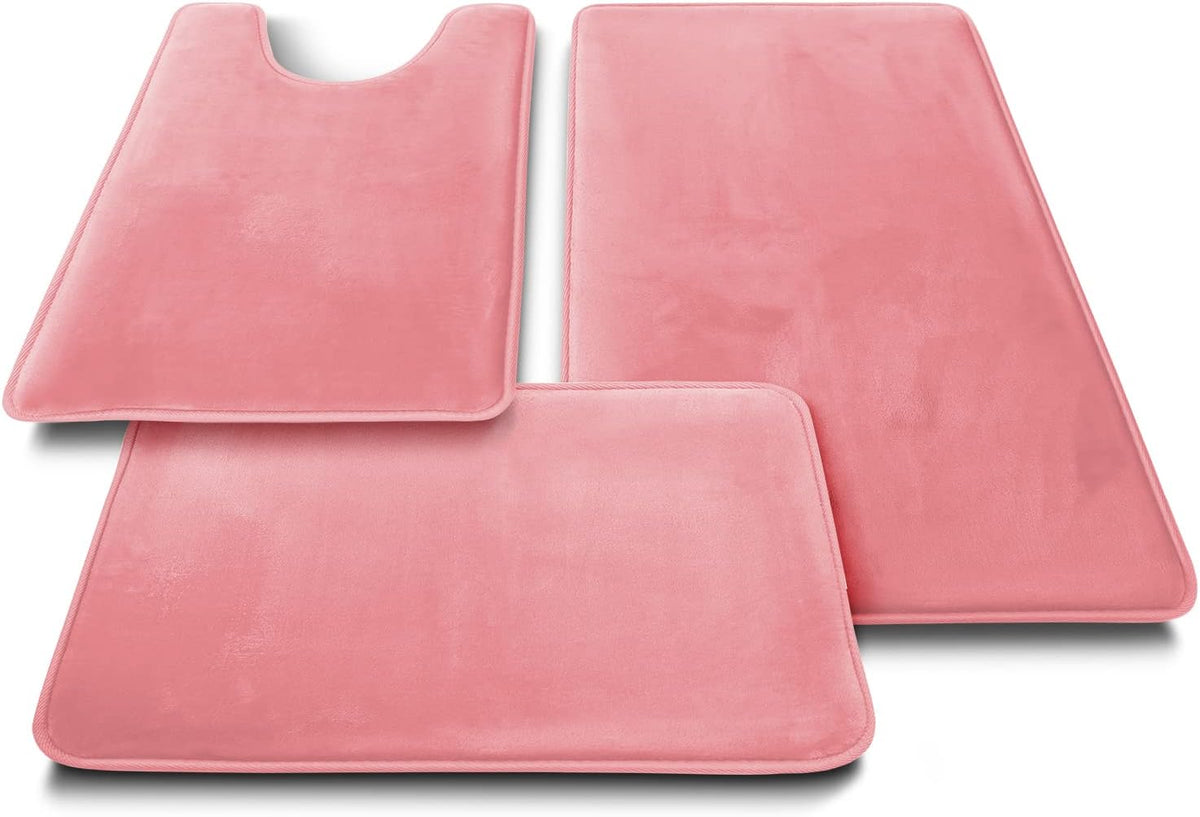 3 Piece Bathroom Rugs Bath Mat Set, Velvet Memory Foam Bath Mats for Bathroom - Non-Slip, PVC Backing Bath Rugs, Washable - Dries Quickly, Pink