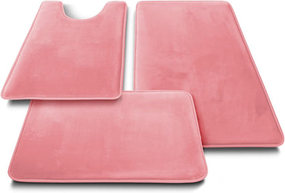 3 Piece Bathroom Rugs Bath Mat Set, Velvet Memory Foam Bath Mats for Bathroom - Non-Slip, PVC Backing Bath Rugs, Washable - Dries Quickly, Pink