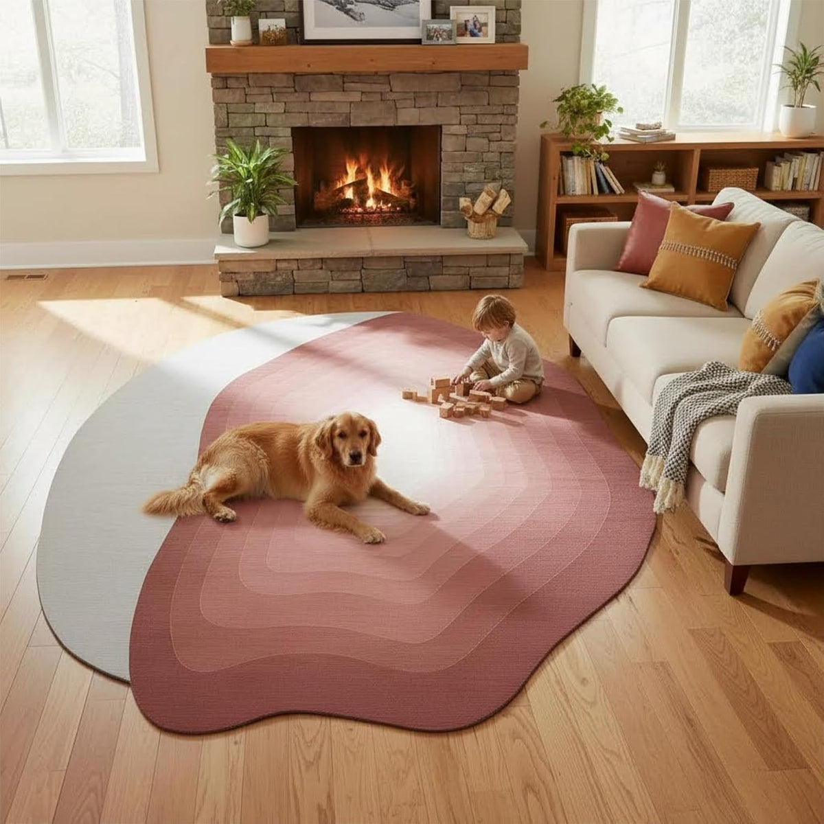 Modern Abstract Area Rug for Living Room Bedroom Irregular Shaped Rugs 2x3 Under Dining Room Table Neutral Blush Pink Gradient Layered Art Deco Carpet Soft Washable Anti Slip Mats Farmhouse Rugs