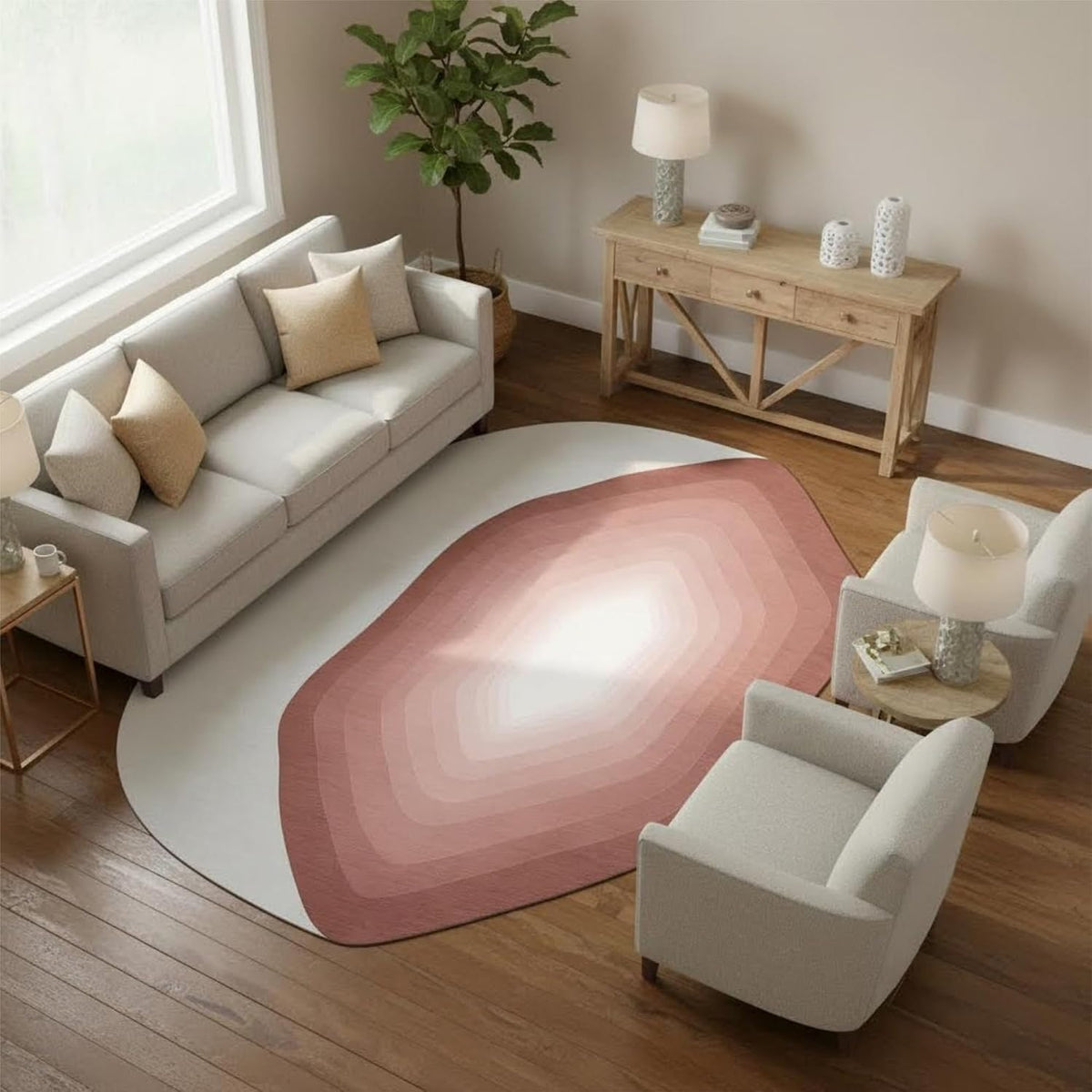Modern Abstract Area Rug for Living Room Bedroom Irregular Shaped Rugs 2x3 Under Dining Room Table Neutral Blush Pink Gradient Layered Art Deco Carpet Soft Washable Anti Slip Mats Farmhouse Rugs
