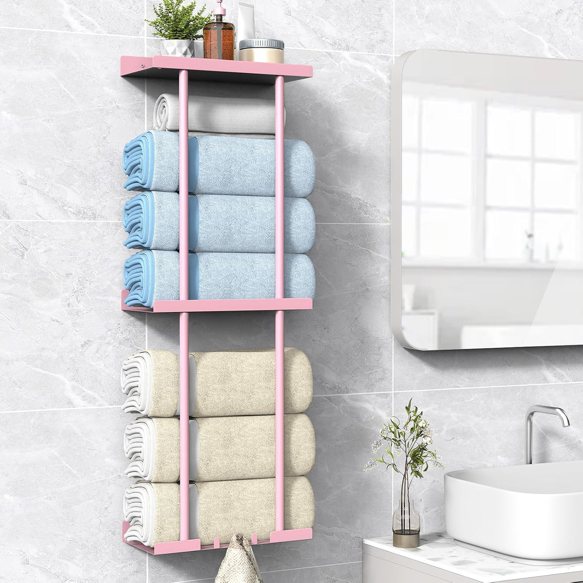 Towel Rack for Bathroom, Wall Mounted Vertical Rolled Towel Storage Organizer Holder with Shelf, Holds Up 6 Large Bath Sheets, Pink Large Size