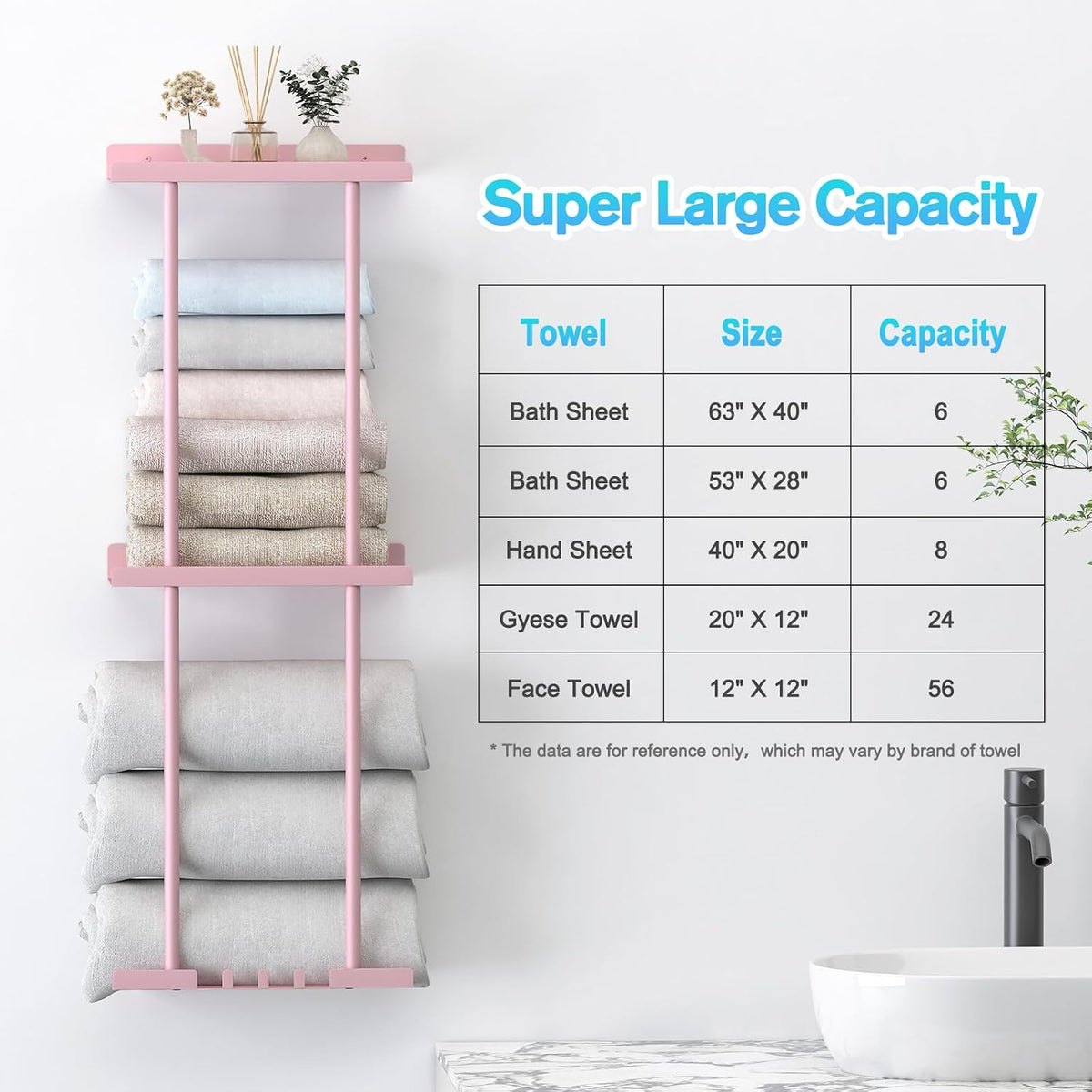 Towel Rack for Bathroom, Wall Mounted Vertical Rolled Towel Storage Organizer Holder with Shelf, Holds Up 6 Large Bath Sheets, Pink Large Size
