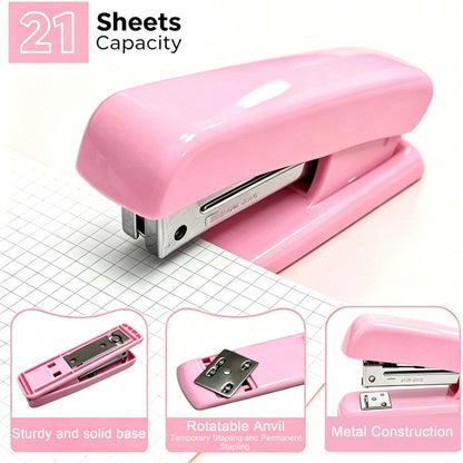 Office Supplies Set Rotating Pen Holder for Desk with Stapler Staple Remover Tape Dispenser,2pcs Tape Refills, Binder Paper Clips Kit, Scissor,Pen Ruler & Sticky Tabs,Pink Office School Supplies(Pink)