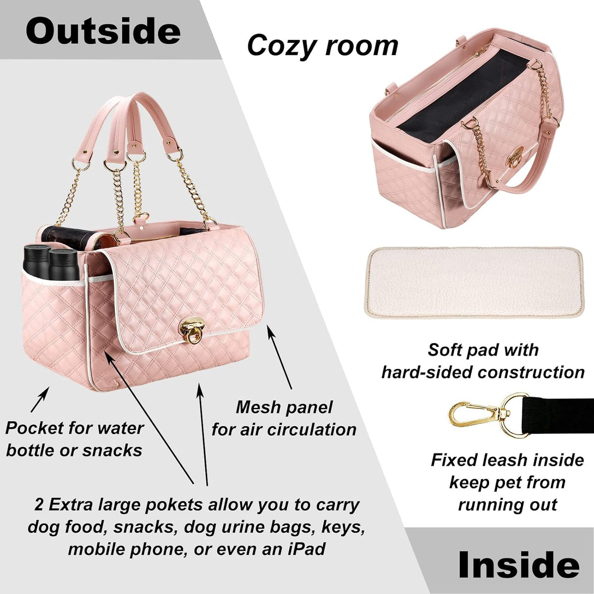 Fashion Dog Purse Carrier for Small Dogs with 2 Super-Large Pockets, Holds Up to 10lbs PU Leather Pet, Cat Carrier, Airline Approved Puppy Purse for Travel (Pink, Small Size)