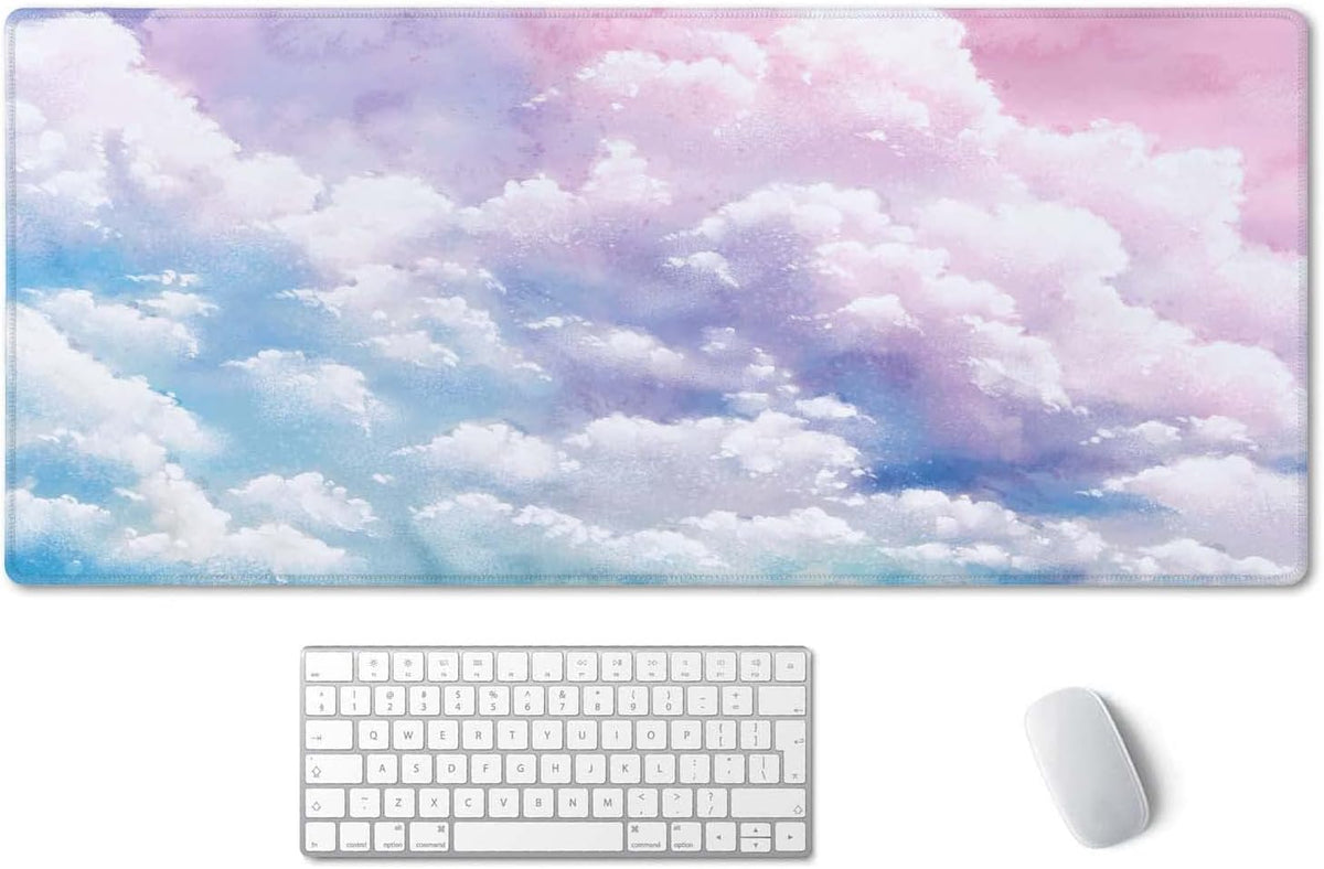 Watercolor Pastel Sky Desk Mat, Cloud and Pink Sky Extended Mouse Pad, XXL Gaming Mouse Pad, 35.5x15.7inch