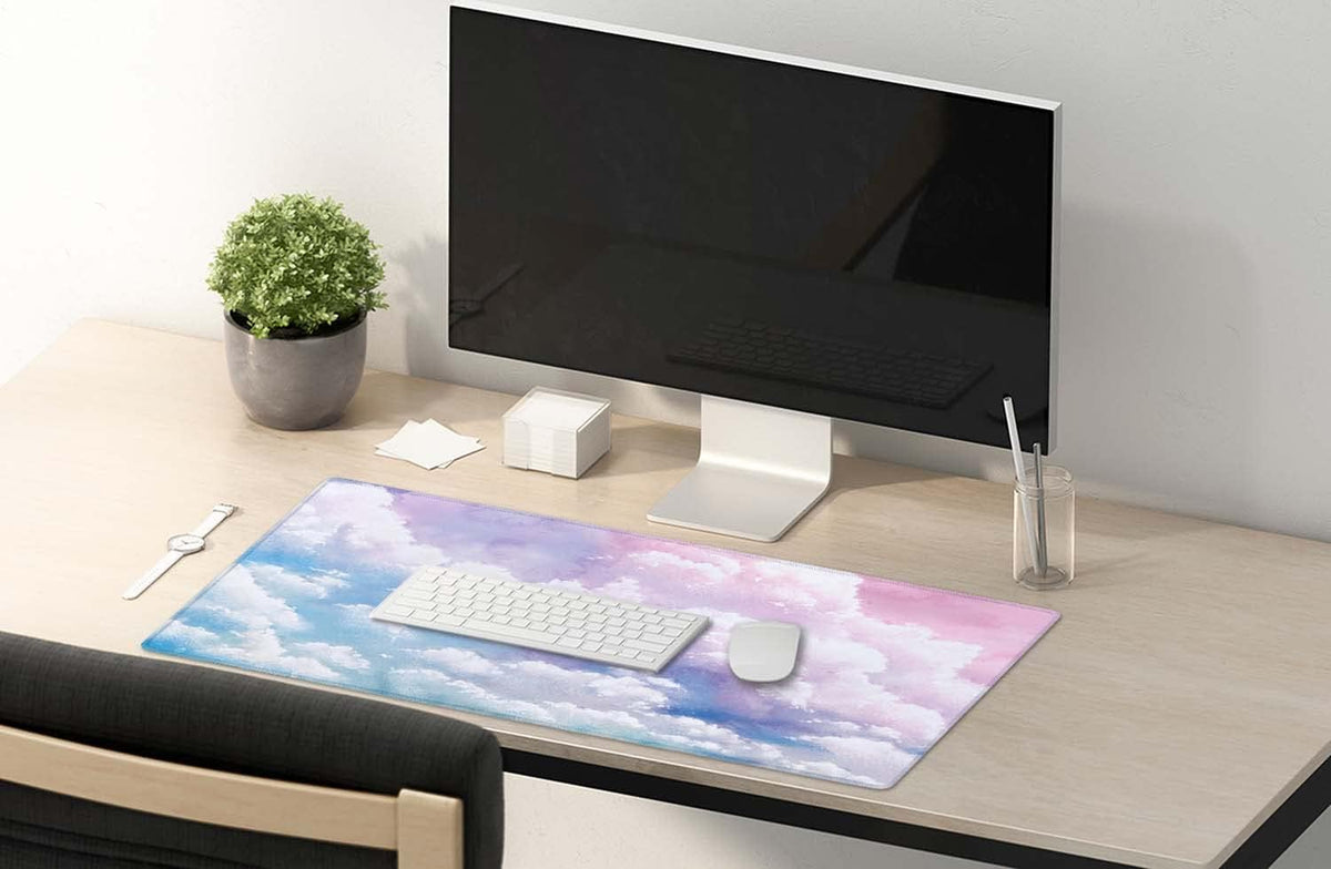 Watercolor Pastel Sky Desk Mat, Cloud and Pink Sky Extended Mouse Pad, XXL Gaming Mouse Pad, 35.5x15.7inch