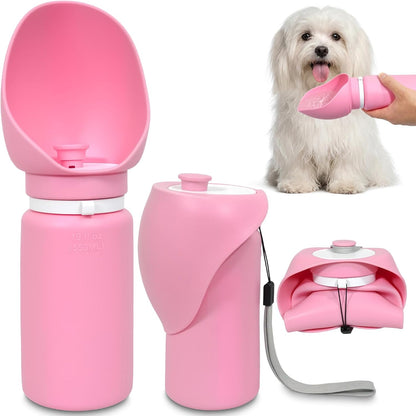 2 in 1 Foldable Dog Water Bottle, Leakproof Portable Pet Dispenser, Pink