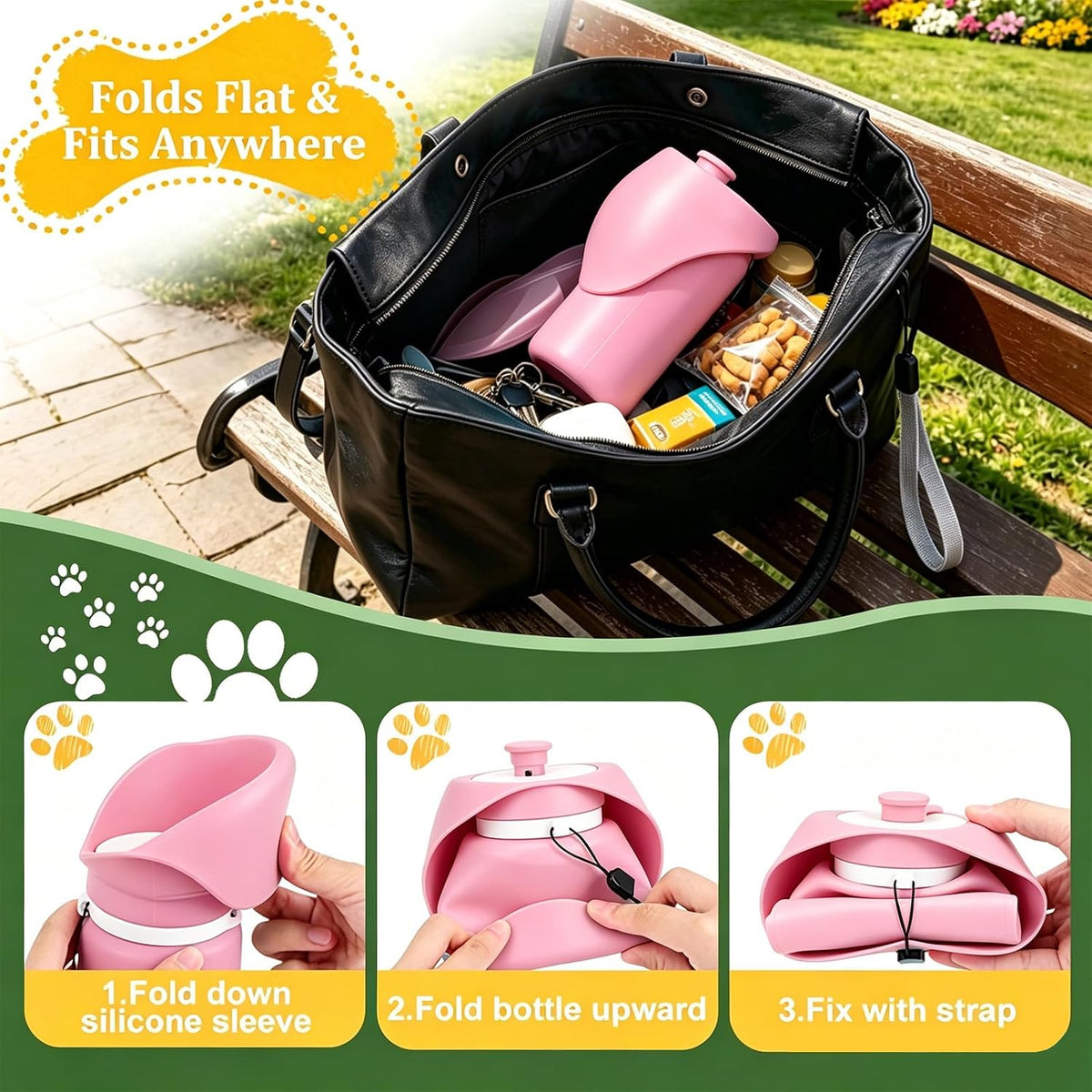 2 in 1 Foldable Dog Water Bottle, Leakproof Portable Pet Dispenser, Pink