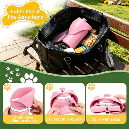 2 in 1 Foldable Dog Water Bottle, Leakproof Portable Pet Dispenser, Pink