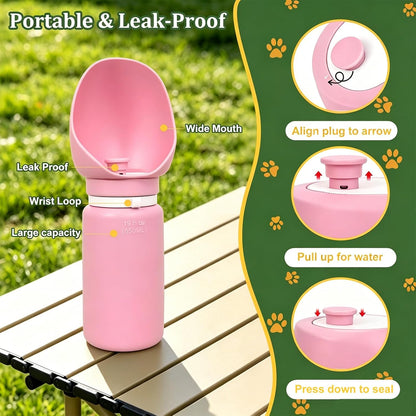 2 in 1 Foldable Dog Water Bottle, Leakproof Portable Pet Dispenser, Pink