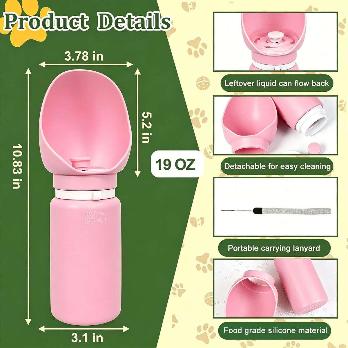 2 in 1 Foldable Dog Water Bottle, Leakproof Portable Pet Dispenser, Pink