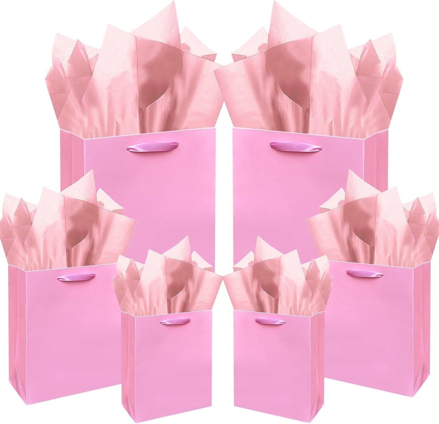 Pink Gift Bags with Tissue Paper Mulit Assorted Sizes 10PCS Present Party Favor Birthday Bags(2pcs Large 13", 4pcs Medium 9", 4pcs Small 6" Bags,Tissue Paper)