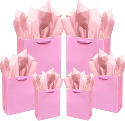 Pink Gift Bags with Tissue Paper Mulit Assorted Sizes 10PCS Present Party Favor Birthday Bags(2pcs Large 13", 4pcs Medium 9", 4pcs Small 6" Bags,Tissue Paper)
