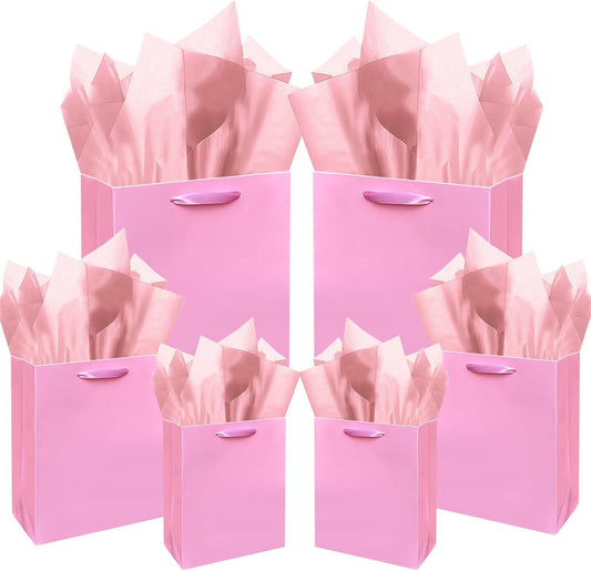 Pink Gift Bags with Tissue Paper Mulit Assorted Sizes 10PCS Present Party Favor Birthday Bags(2pcs Large 13", 4pcs Medium 9", 4pcs Small 6" Bags,Tissue Paper)
