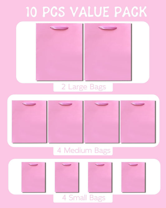 Pink Gift Bags with Tissue Paper Mulit Assorted Sizes 10PCS Present Party Favor Birthday Bags(2pcs Large 13", 4pcs Medium 9", 4pcs Small 6" Bags,Tissue Paper)