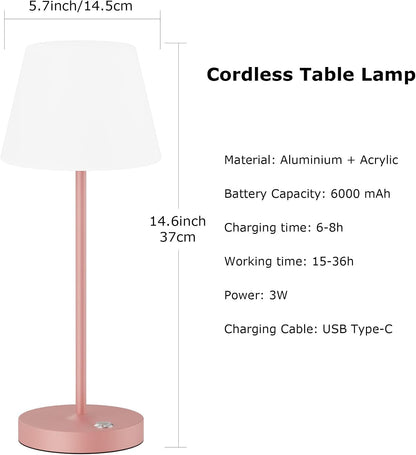 2 Pack Battery Operated Table Lamps, 6000mAh Cordless Battery Powered Desk Lamp, Modern LED Outdoor Waterproof Acrylic Table Lamps (Pink)