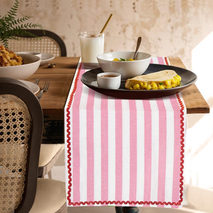 Table Runner 108 inches Long | 100% Cotton, Machine Washable Pink & White Farmhouse Table Runner for Dining Room Décor, Pride Decorations | Striped Table Runner for Dinner Party