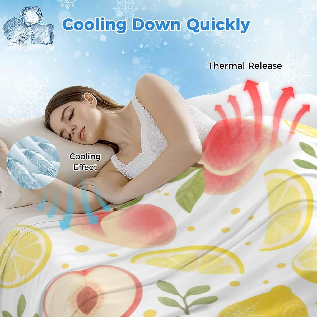 Cooling Throw Blanket 50"x60" for Couch, Summer Fruit Lightweight Breathable Bed Blanket for Hot Sleepers, Spring Botanical Lemon Peach Soft Summer Cool Blankets for Travel, Sofa, Couch