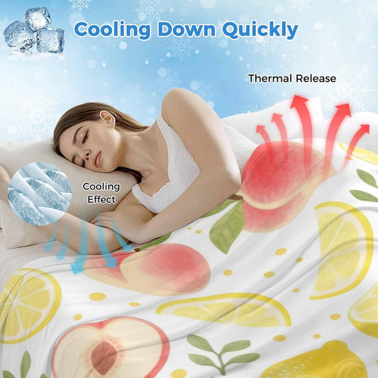 Cooling Throw Blanket 50"x60" for Couch, Summer Fruit Lightweight Breathable Bed Blanket for Hot Sleepers, Spring Botanical Lemon Peach Soft Summer Cool Blankets for Travel, Sofa, Couch