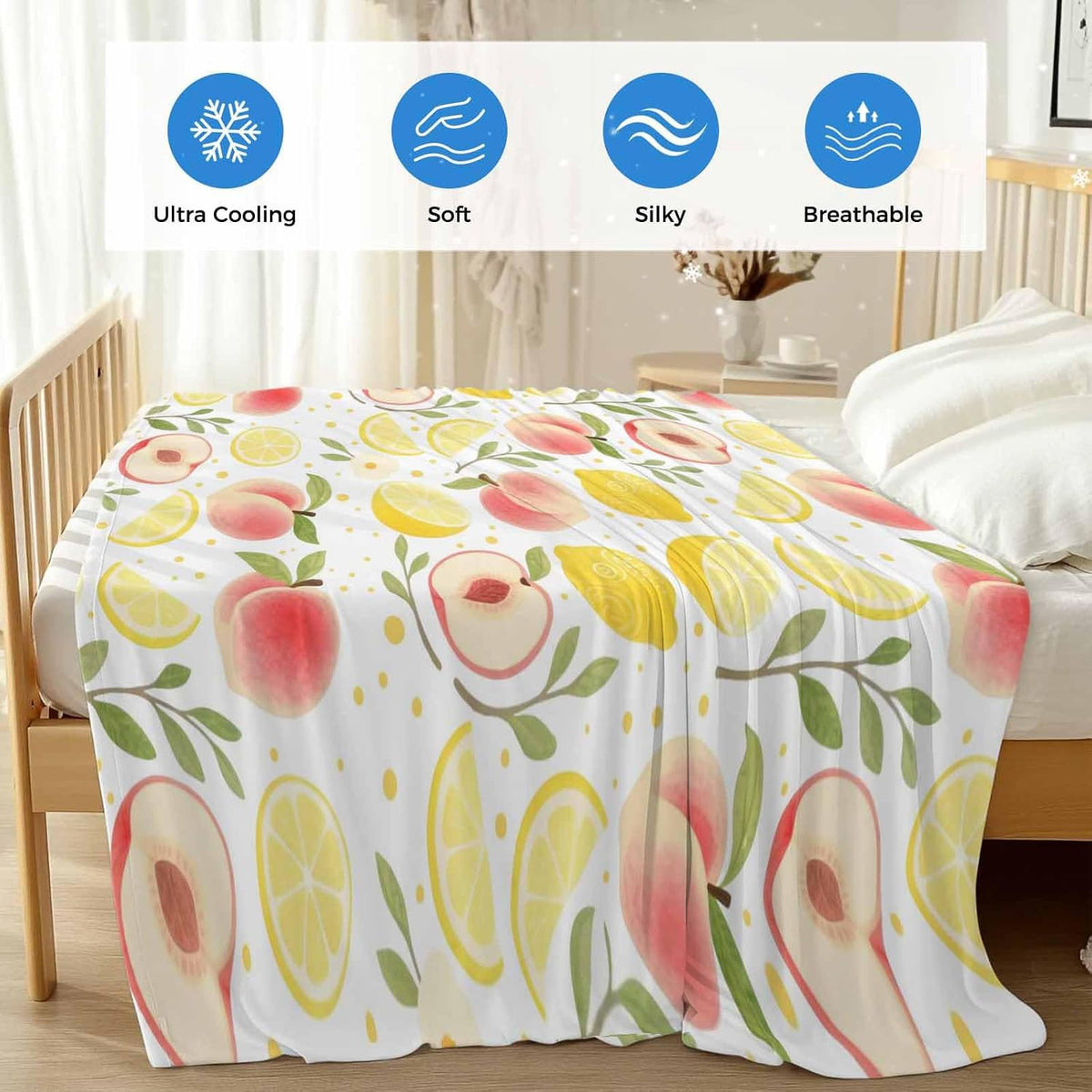 Cooling Throw Blanket 50"x60" for Couch, Summer Fruit Lightweight Breathable Bed Blanket for Hot Sleepers, Spring Botanical Lemon Peach Soft Summer Cool Blankets for Travel, Sofa, Couch