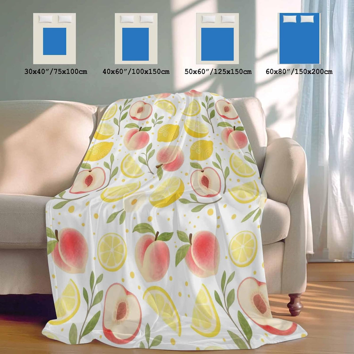Cooling Throw Blanket 50"x60" for Couch, Summer Fruit Lightweight Breathable Bed Blanket for Hot Sleepers, Spring Botanical Lemon Peach Soft Summer Cool Blankets for Travel, Sofa, Couch