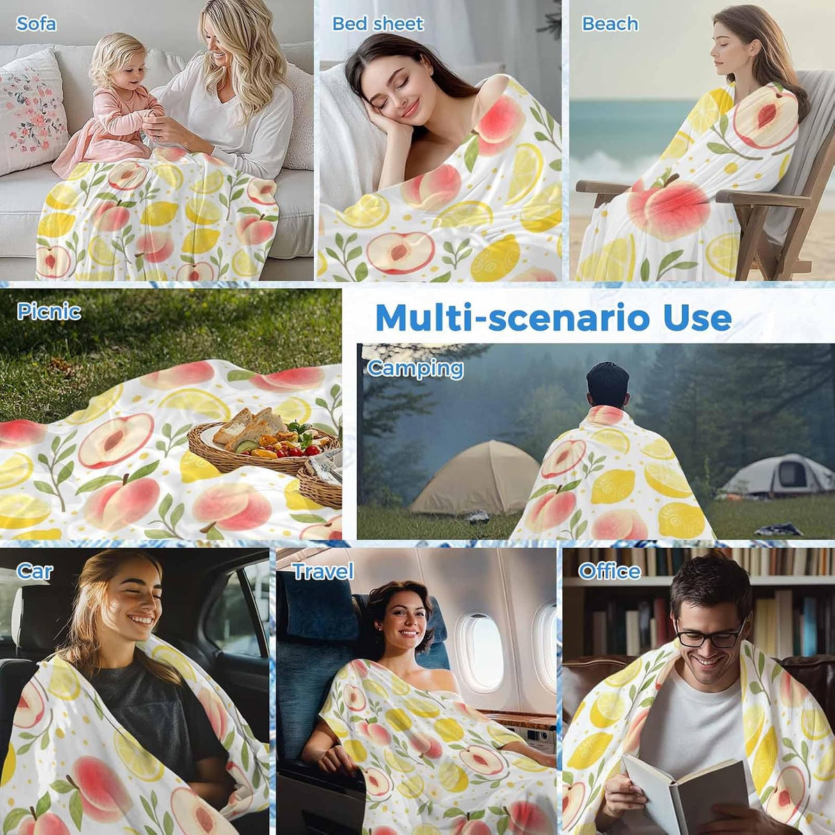 Cooling Throw Blanket 50"x60" for Couch, Summer Fruit Lightweight Breathable Bed Blanket for Hot Sleepers, Spring Botanical Lemon Peach Soft Summer Cool Blankets for Travel, Sofa, Couch