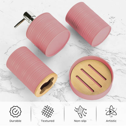 4PCS Light Pink Bathroom Set, Soap Dispenser, Dish & Bamboo Holder, Rustic